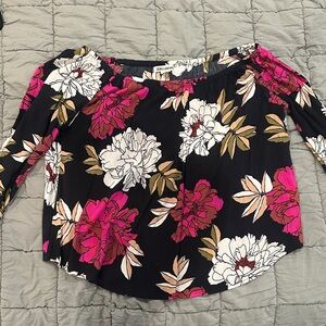 Billabong Off the Shoulder Black Blouse with Pink and White Floral Design